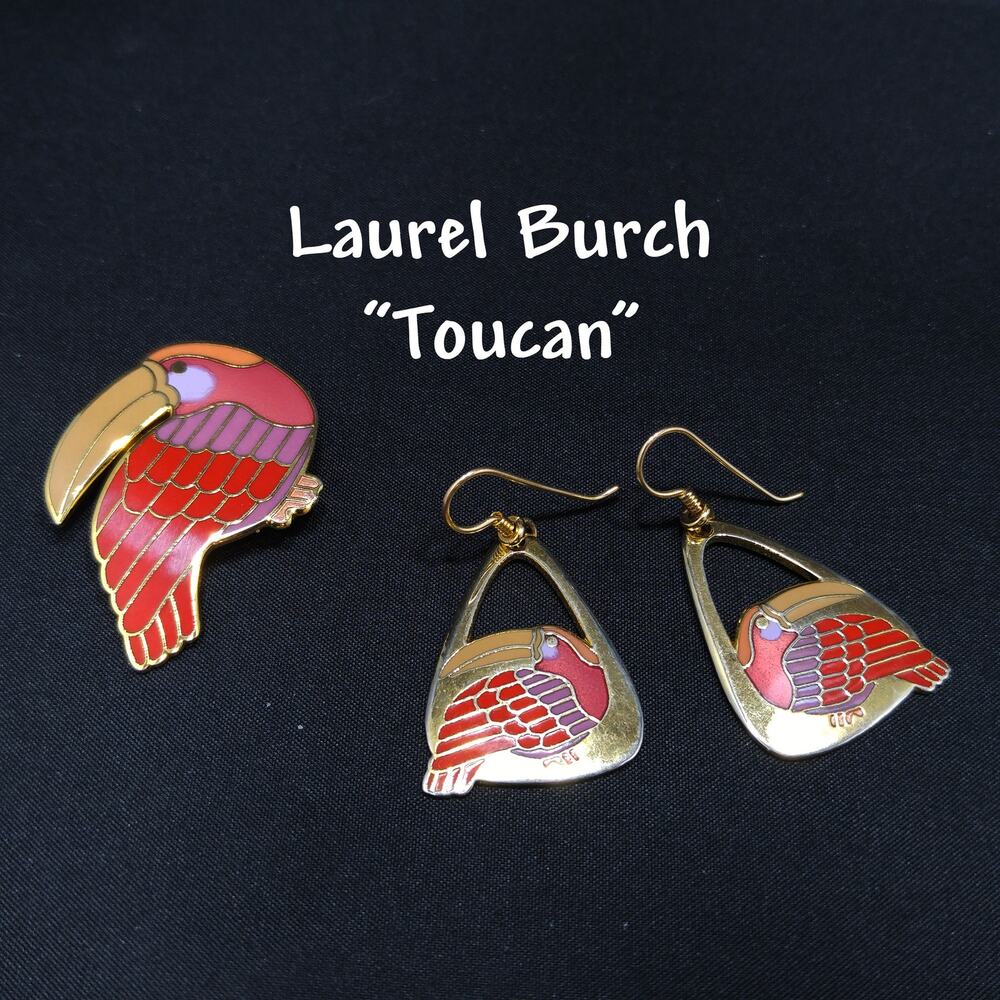 Laurel Burch Toucan Brooch Pendant Earrings Set Cloisonné